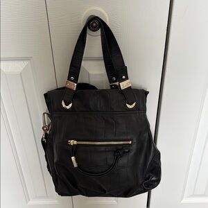 Michele Elegant Black Leather Tote Bag, can be worn as cross body.